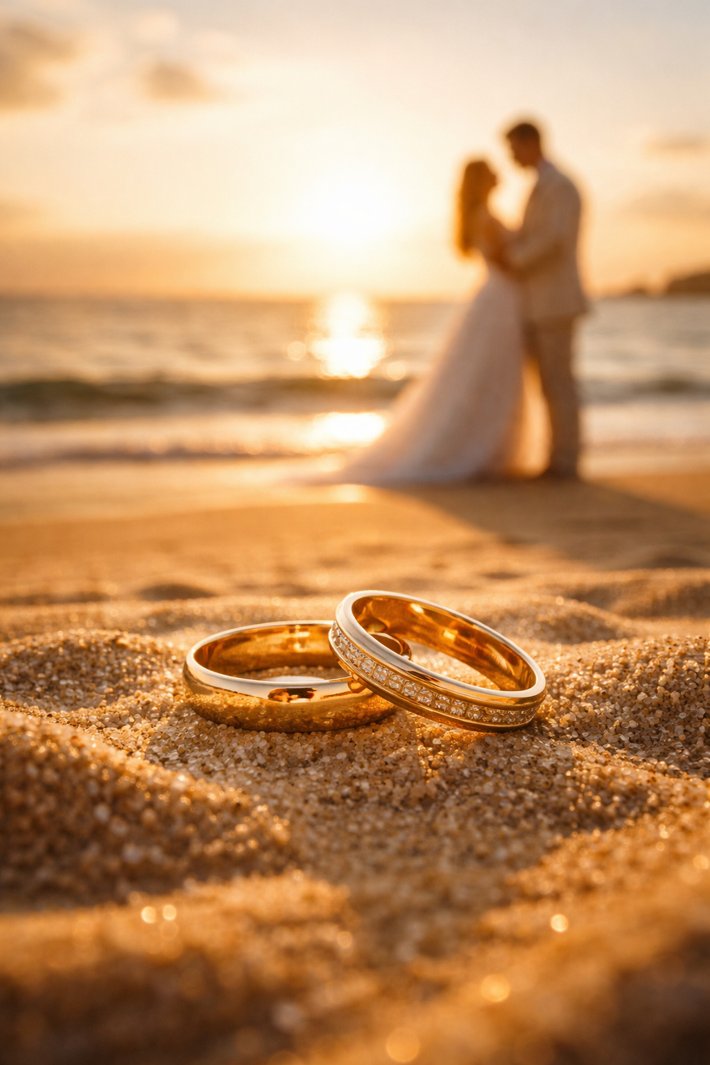 Wedding ring at sunset with couple in background